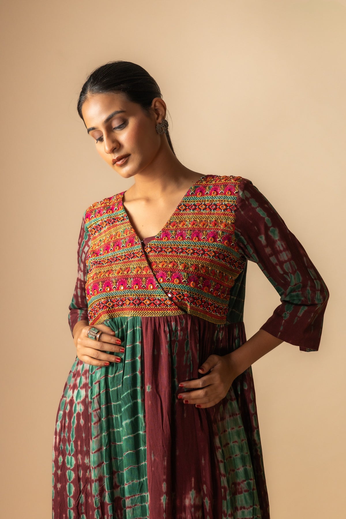 Rayon Shibpur effect frock overlap pattern with thread and mirror small bead work on yoke