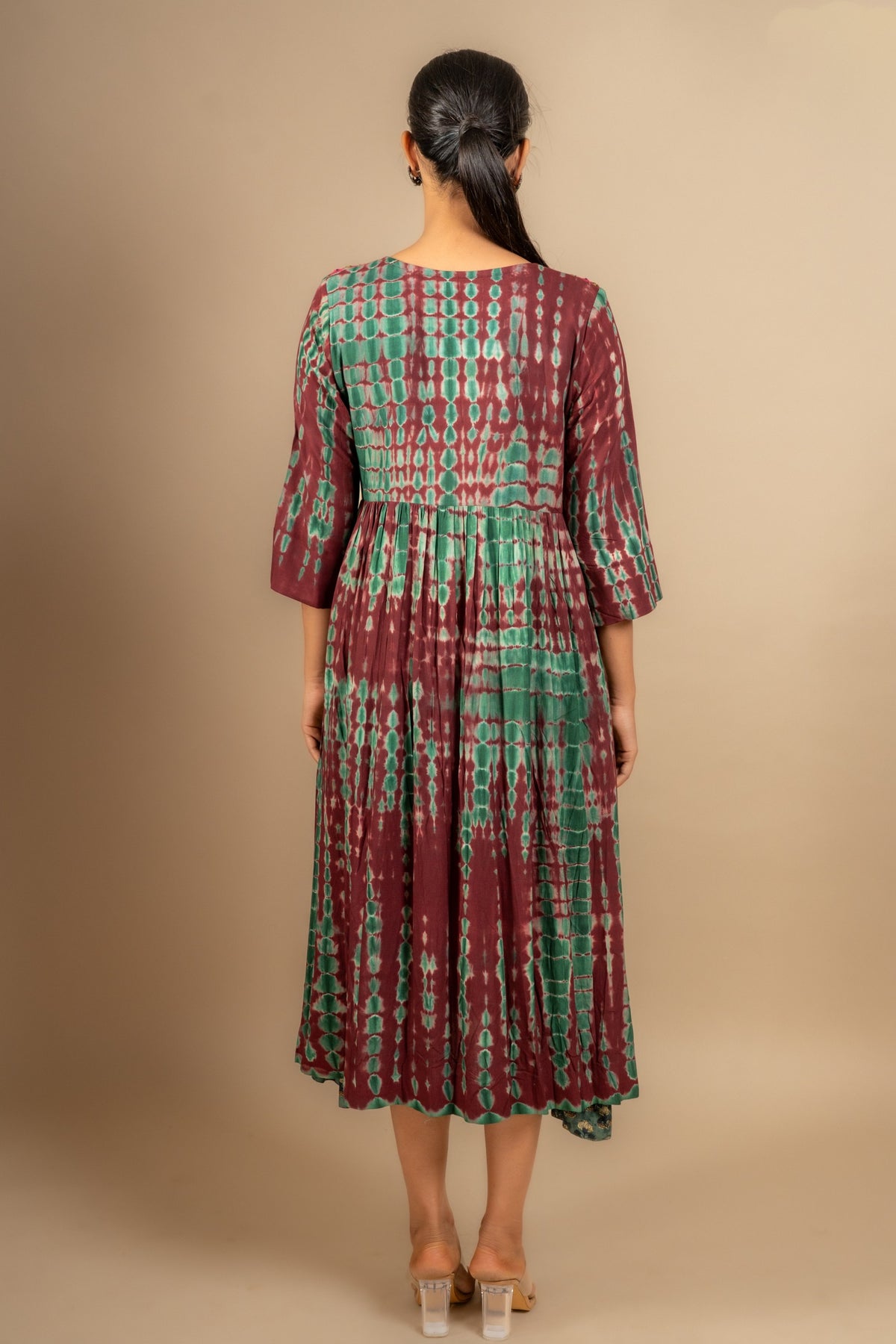 Rayon Shibpur effect frock overlap pattern with thread and mirror small bead work on yoke