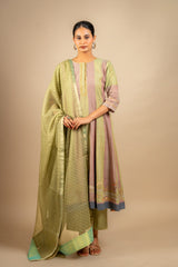 Pink and green Kali handloom top, shikargah appliqué work on the Daman, zari work near the neckline. Kota dupatta with print and cotton pant