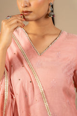 Peach Chanderi cotton with thread buti all over, small detailing on neck and sleeve, same shade Chanderi dupatta Chikankari with Mukesh work and rayon pant
