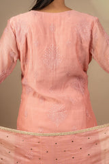 Peach Chanderi cotton with thread buti all over, small detailing on neck and sleeve, same shade Chanderi dupatta Chikankari with Mukesh work and rayon pant