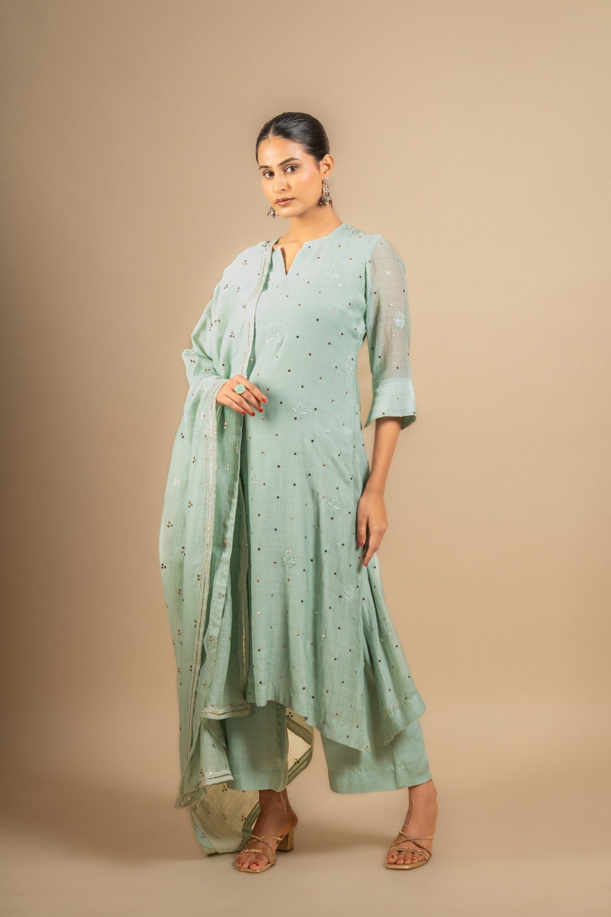 Mint green Chanderi A-line top with Chikankari with Mukesh work, same shade Chanderi dupatta with Mukesh work and rayon pant