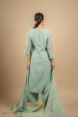 Mint green Chanderi A-line top with Chikankari with Mukesh work, same shade Chanderi dupatta with Mukesh work and rayon pant