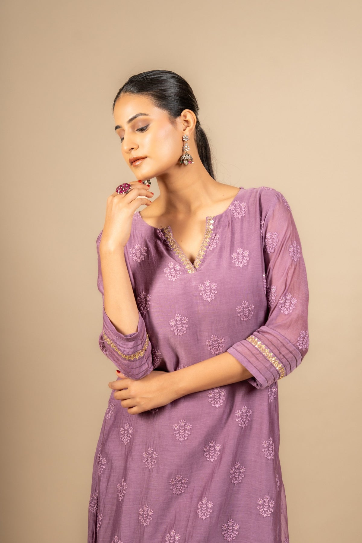 Lavender Chanderi cotton A-line top thread with sequin work and rayon pant and same colour Chanderi cotton dupatta with zari work