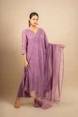 Lavender Chanderi cotton A-line top thread with sequin work and rayon pant and same colour Chanderi cotton dupatta with zari work