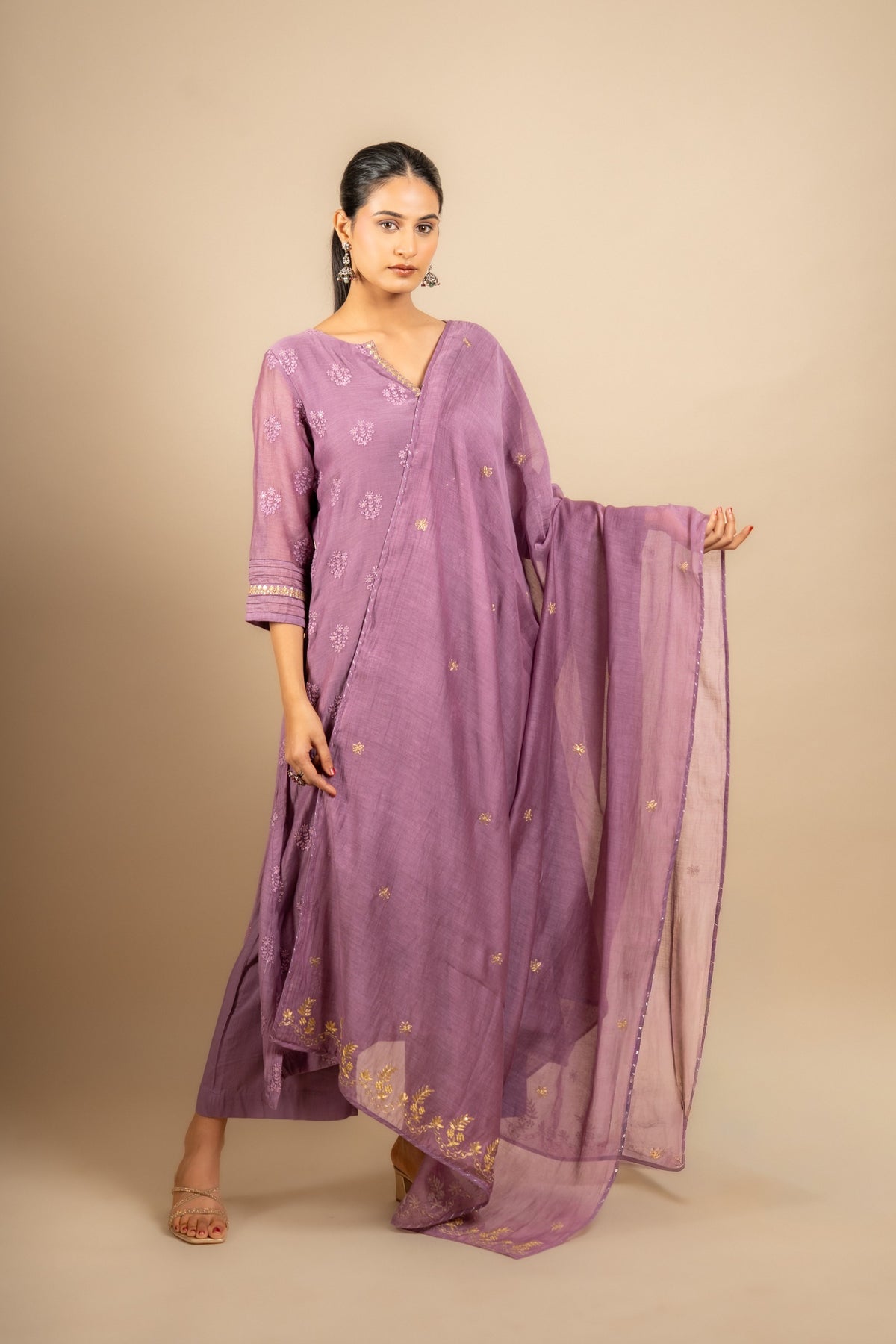 Lavender Chanderi cotton A-line top thread with sequin work and rayon pant and same colour Chanderi cotton dupatta with zari work