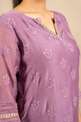 Lavender Chanderi cotton A-line top thread with sequin work and rayon pant and same colour Chanderi cotton dupatta with zari work