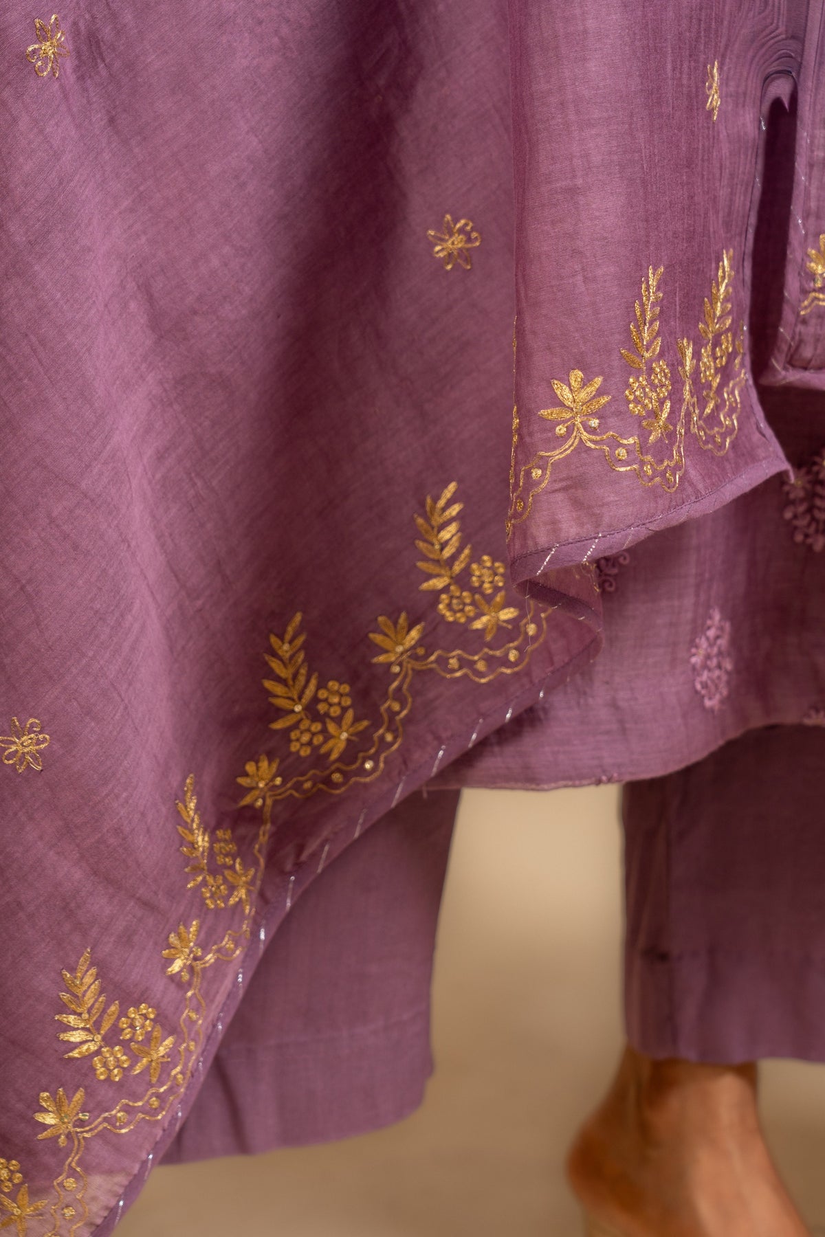 Lavender Chanderi cotton A-line top thread with sequin work and rayon pant and same colour Chanderi cotton dupatta with zari work