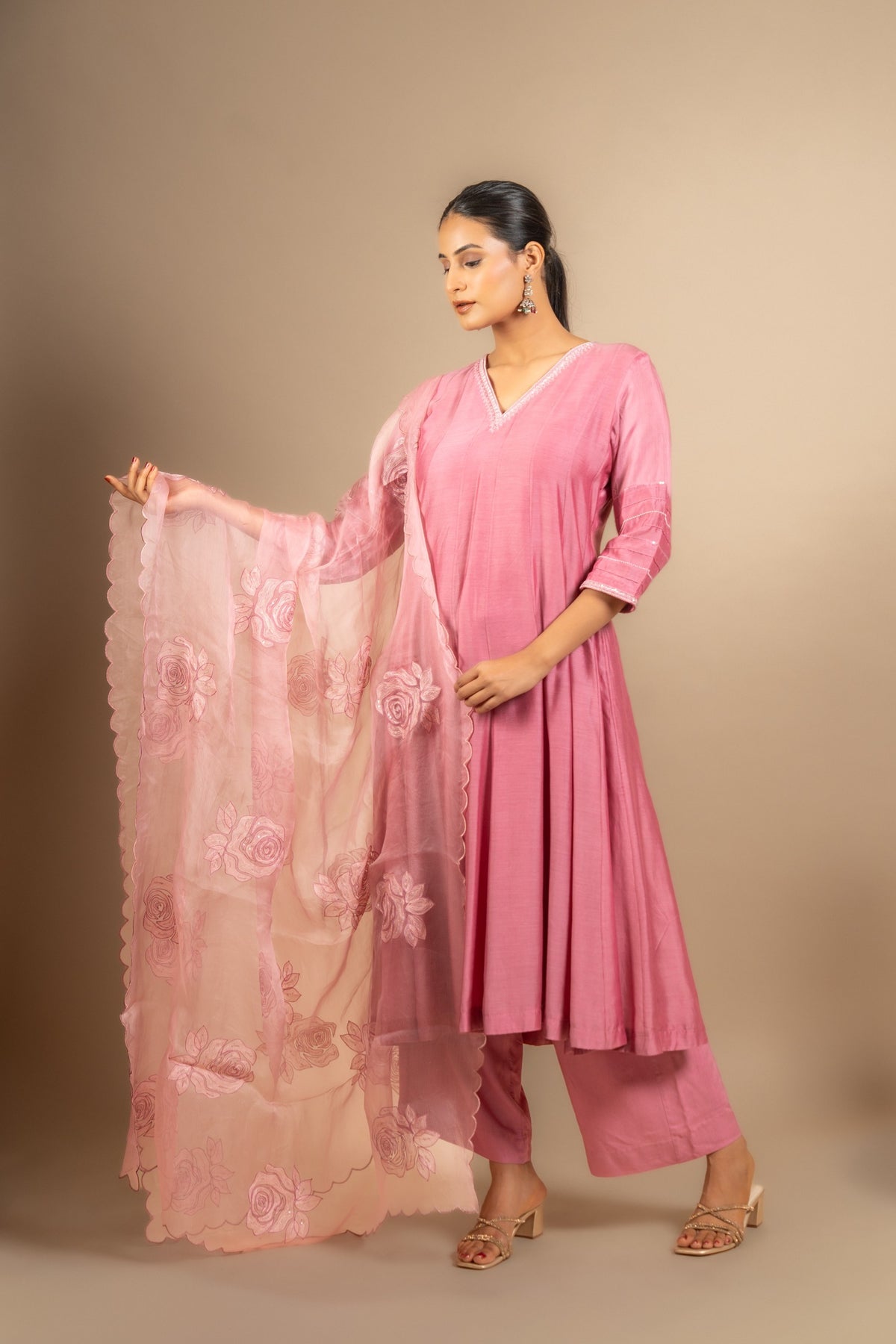 Pink Muslin silk Kali top with organza thread roses on dupatta with rayon pants