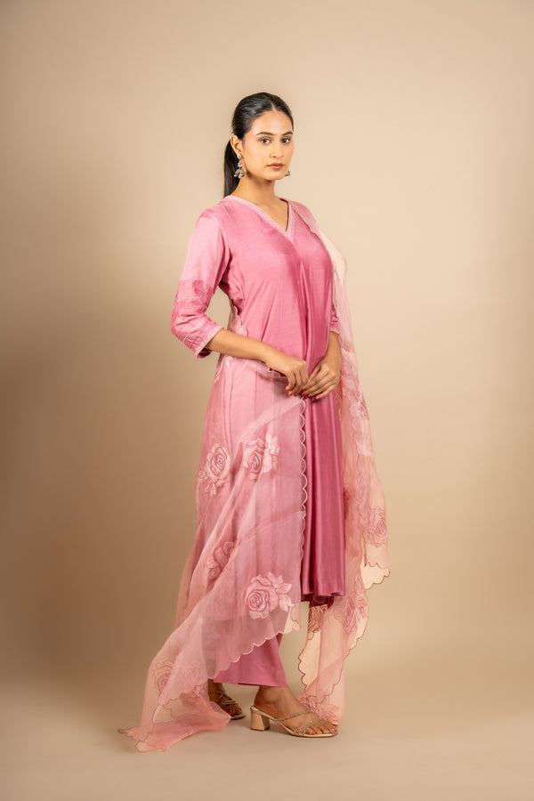 Pink Muslin silk Kali top with organza thread roses on dupatta with rayon pants