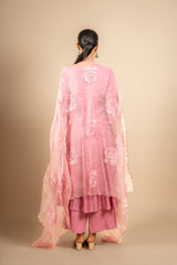 Pink Muslin silk Kali top with organza thread roses on dupatta with rayon pants