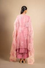 Pink Muslin silk Kali top with organza thread roses on dupatta with rayon pants