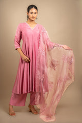 Pink Muslin silk Kali top with organza thread roses on dupatta with rayon pants
