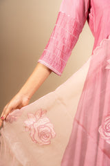 Pink Muslin silk Kali top with organza thread roses on dupatta with rayon pants