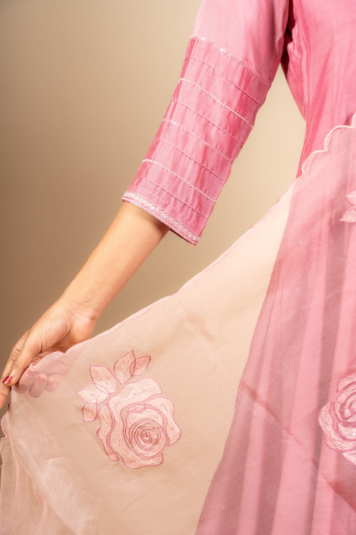 Pink Muslin silk Kali top with organza thread roses on dupatta with rayon pants