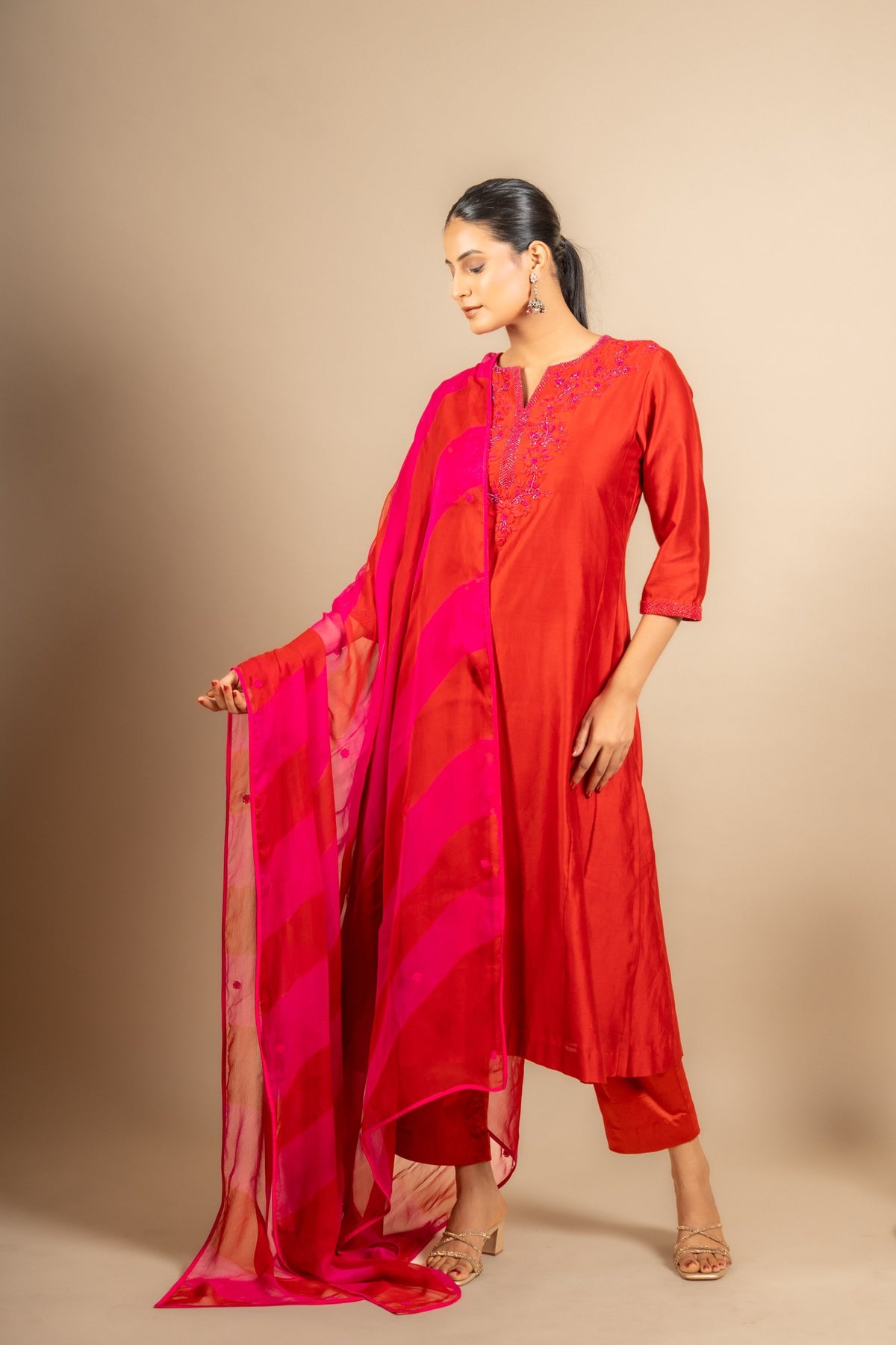 Chanderi fabric with rayon pants and chiffon tie and dye dupatta with nice thread embroidery