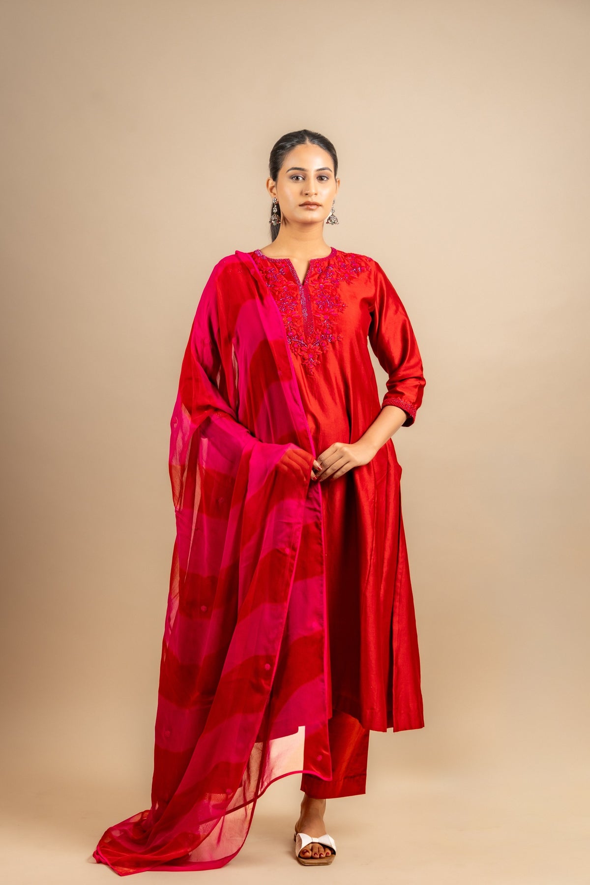 Chanderi fabric with rayon pants and chiffon tie and dye dupatta with nice thread embroidery