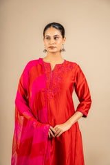 Chanderi fabric with rayon pants and chiffon tie and dye dupatta with nice thread embroidery