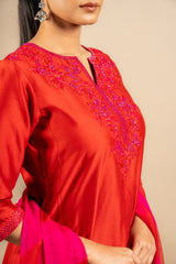 Chanderi fabric with rayon pants and chiffon tie and dye dupatta with nice thread embroidery