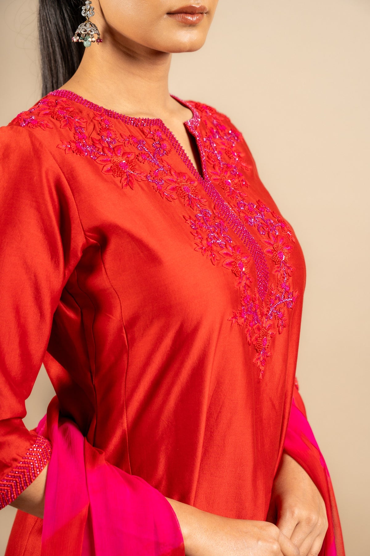 Chanderi fabric with rayon pants and chiffon tie and dye dupatta with nice thread embroidery