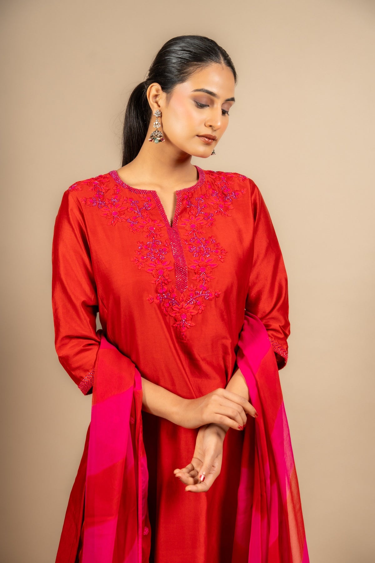 Chanderi fabric with rayon pants and chiffon tie and dye dupatta with nice thread embroidery