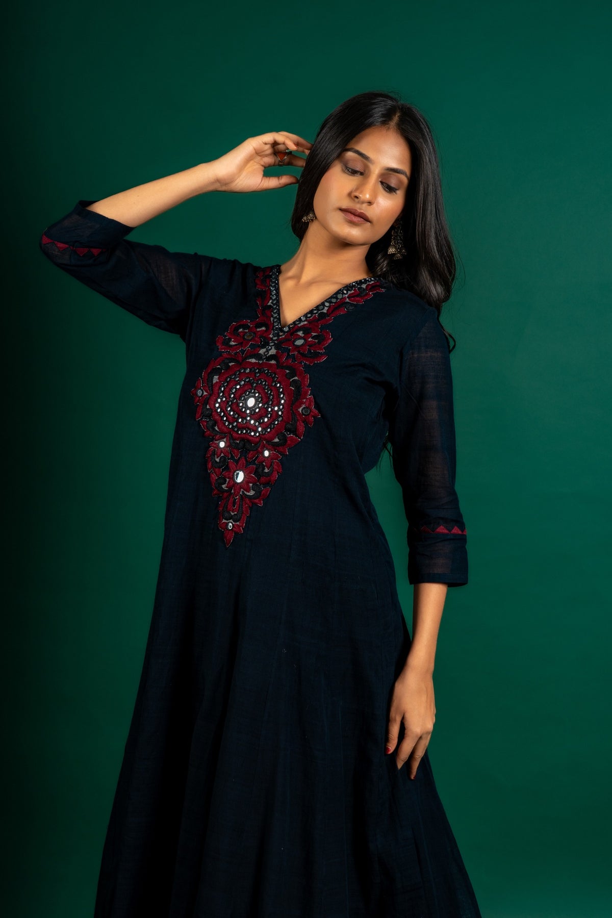 Black handloom Kali top with thread and mirror embossing work on neck, Kota dupatta combination of grey and black with maroon, with black pant