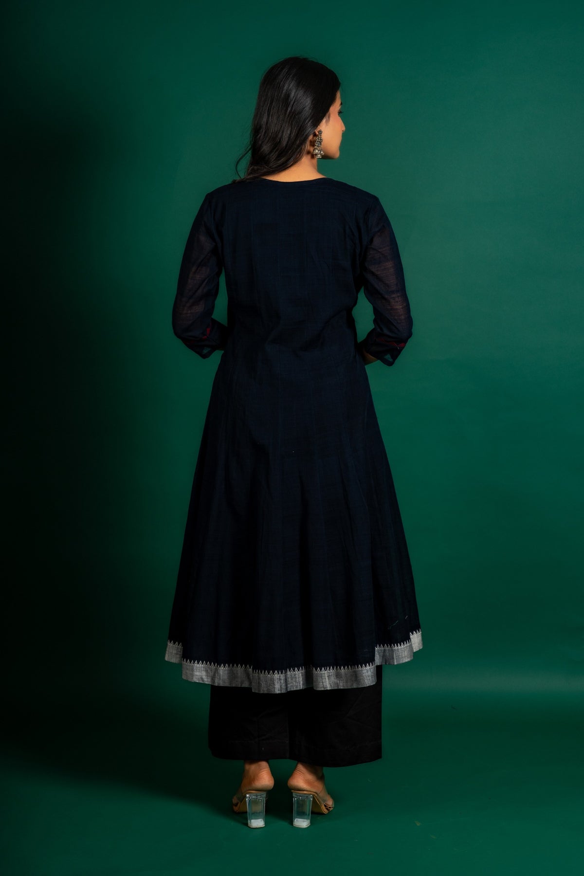 Black handloom Kali top with thread and mirror embossing work on neck, Kota dupatta combination of grey and black with maroon, with black pant