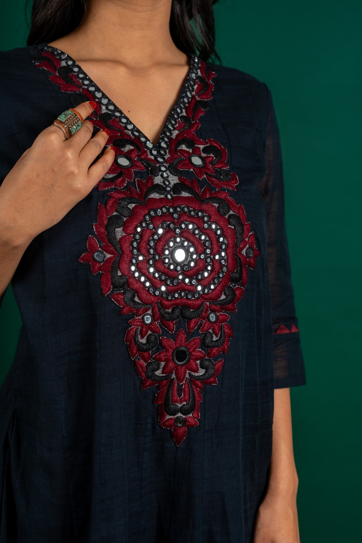 Black handloom Kali top with thread and mirror embossing work on neck, Kota dupatta combination of grey and black with maroon, with black pant