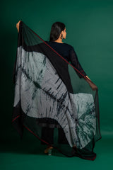 Black handloom Kali top with thread and mirror embossing work on neck, Kota dupatta combination of grey and black with maroon, with black pant