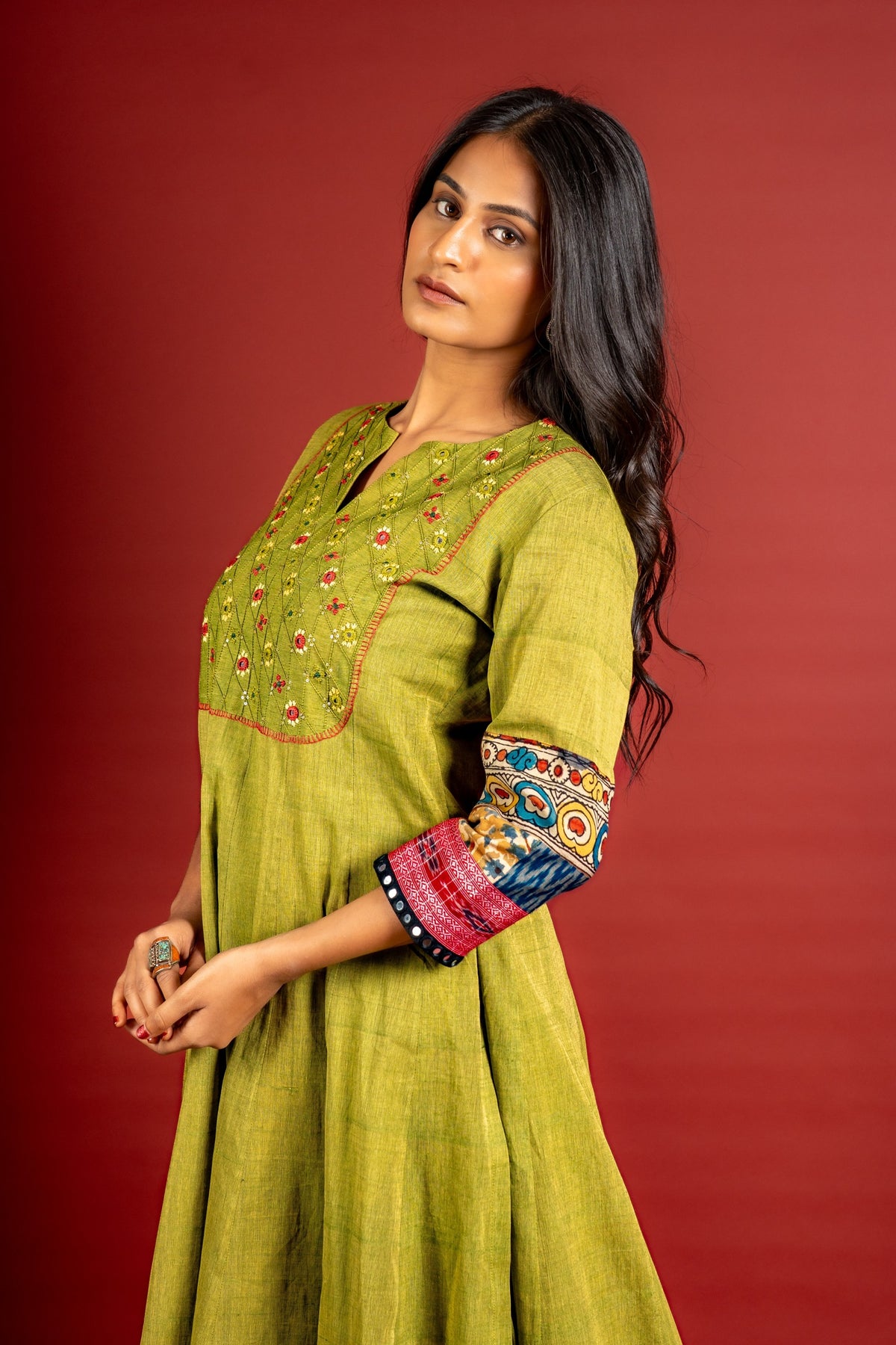 Mehndi green handloom Kali top with thread and mirror work on yoke with Maheshwari dupatta with sequin work and cotton pant