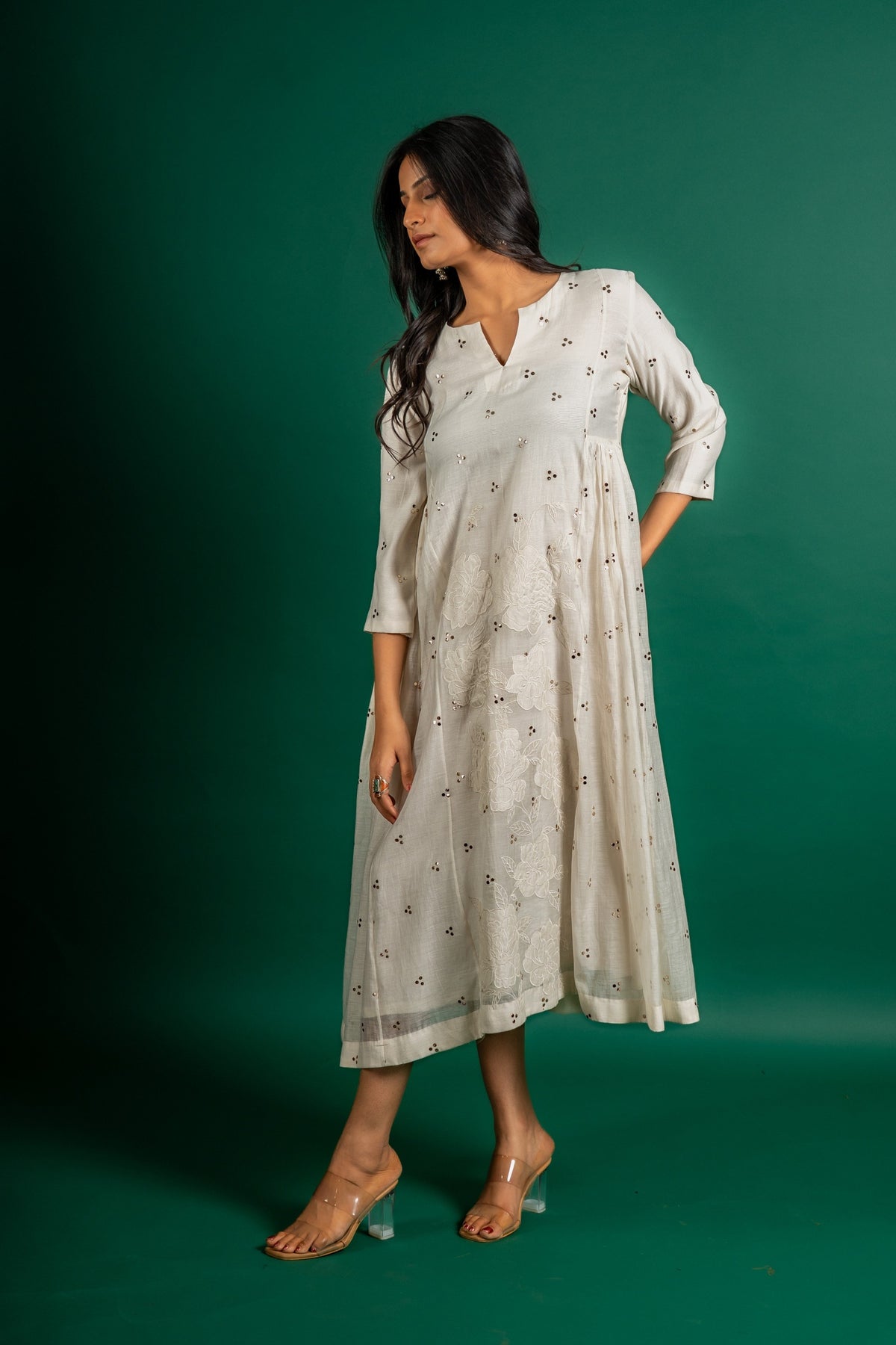 Off white Chanderi cotton panel frock with Mukesh work and centre panel patch work