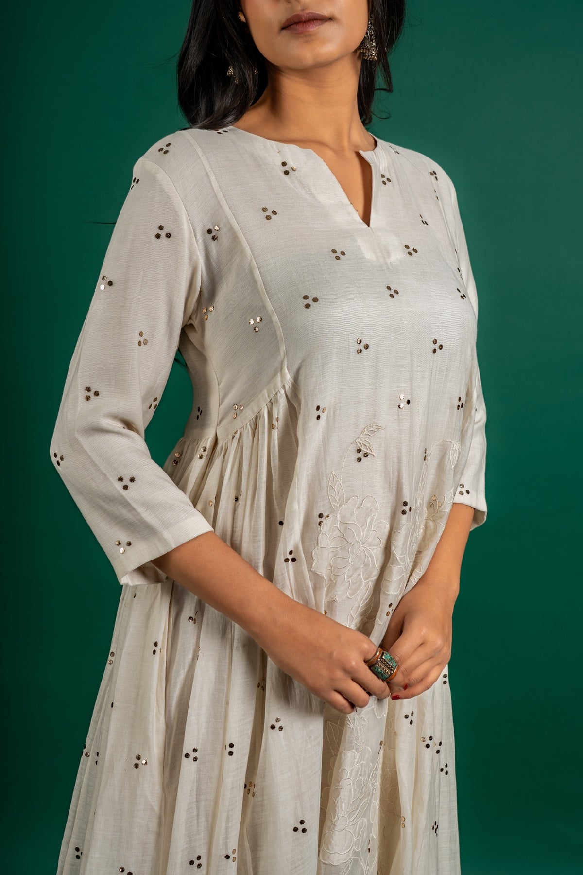 Off white Chanderi cotton panel frock with Mukesh work and centre panel patch work