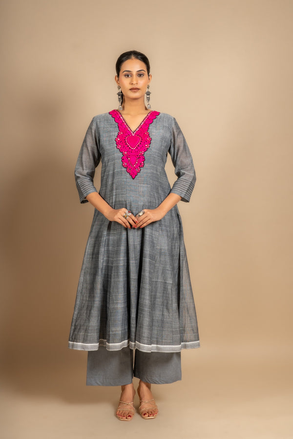 Grey handloom Kali top with pink thread and mirror embossing work with cotton pant
