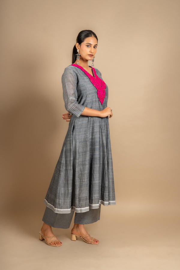 Grey handloom Kali top with pink thread and mirror embossing work with cotton pant