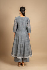 Grey handloom Kali top with pink thread and mirror embossing work with cotton pant