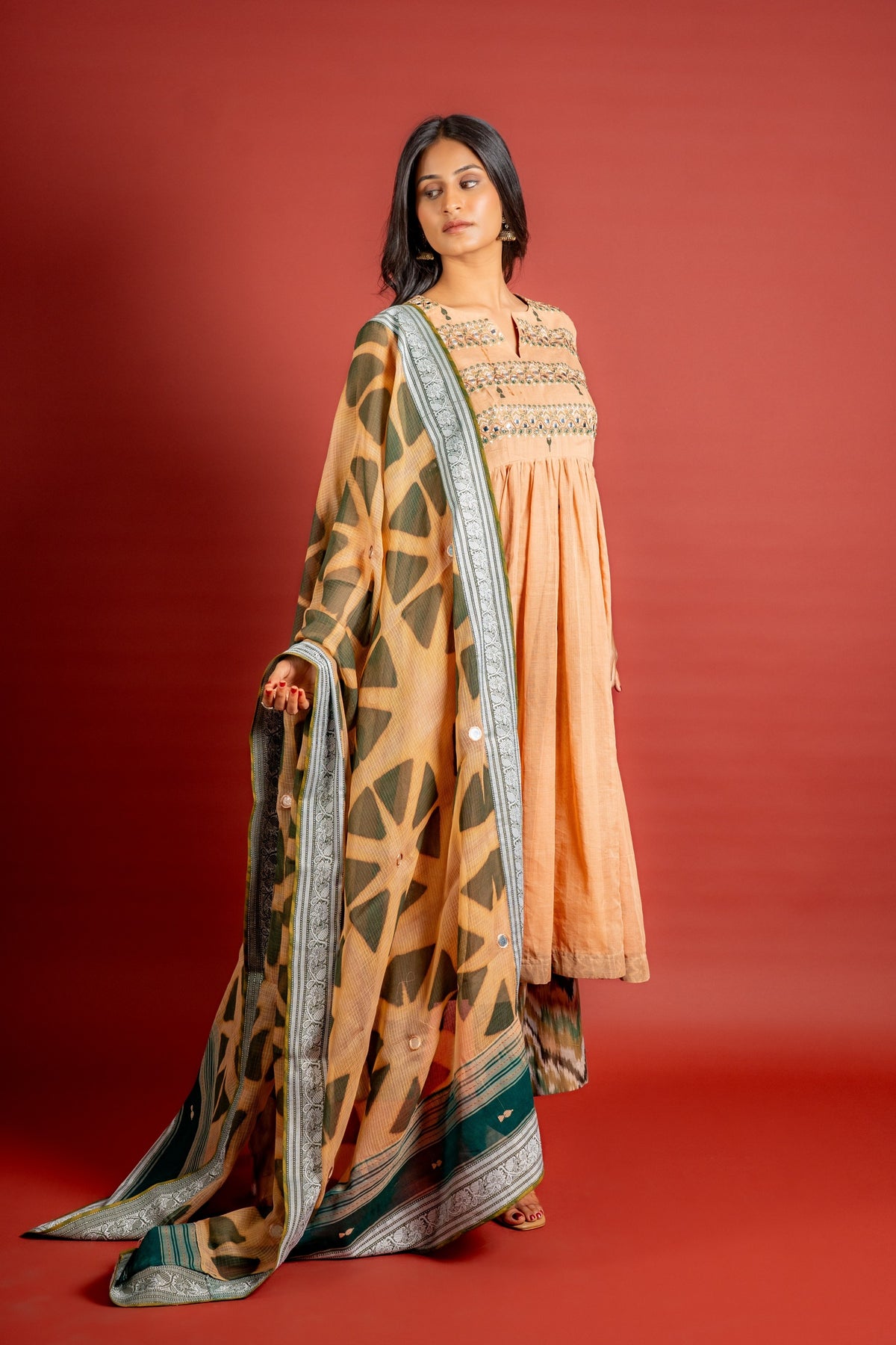 Handloom Kali top with thread and mirror work, tie and dye Kota dupatta with mirror, cotton pant