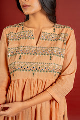 Handloom Kali top with thread and mirror work, tie and dye Kota dupatta with mirror, cotton pant