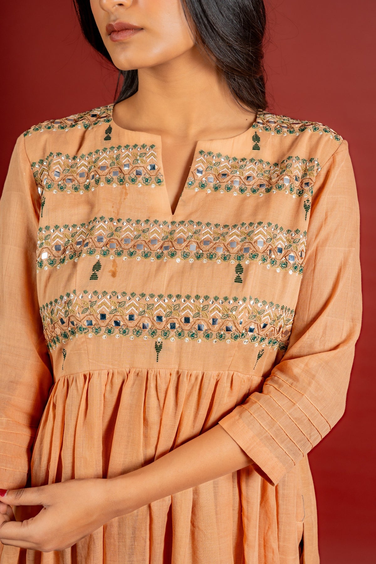 Handloom Kali top with thread and mirror work, tie and dye Kota dupatta with mirror, cotton pant