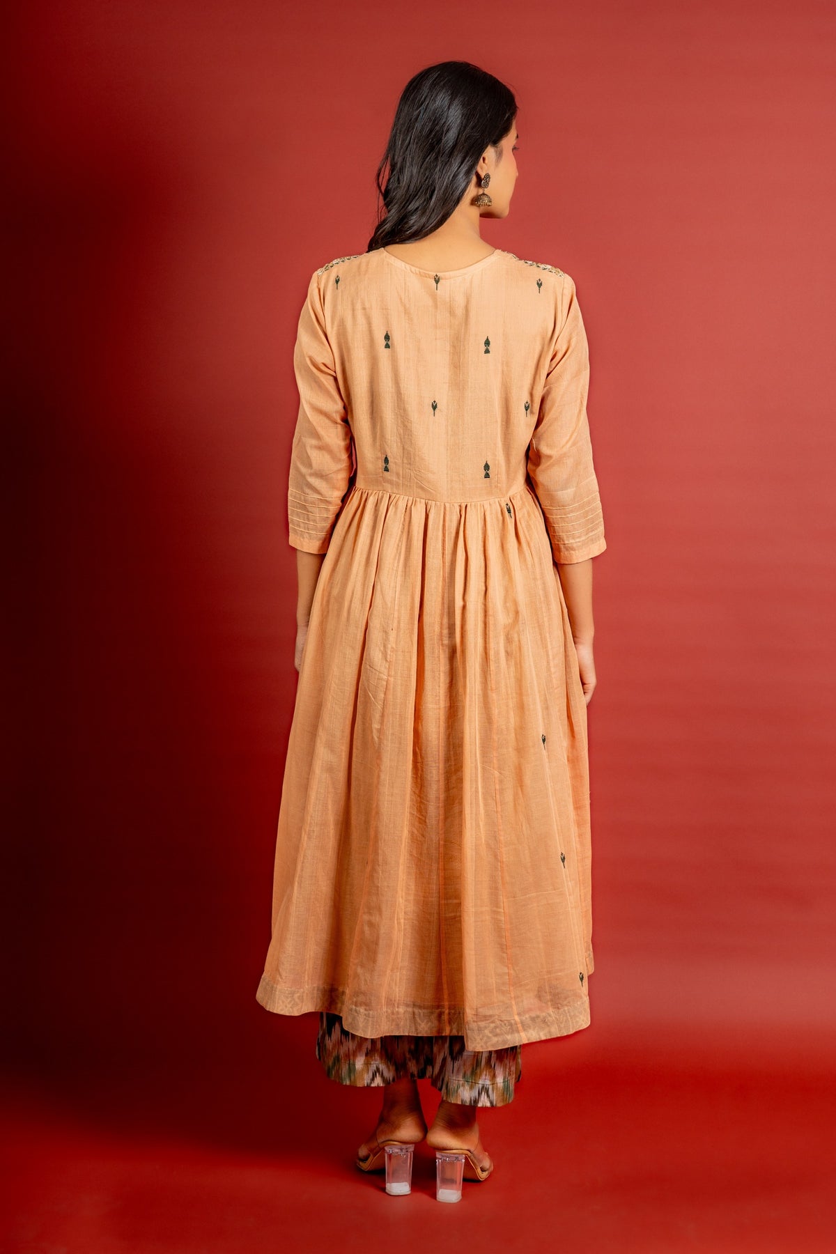 Handloom Kali top with thread and mirror work, tie and dye Kota dupatta with mirror, cotton pant
