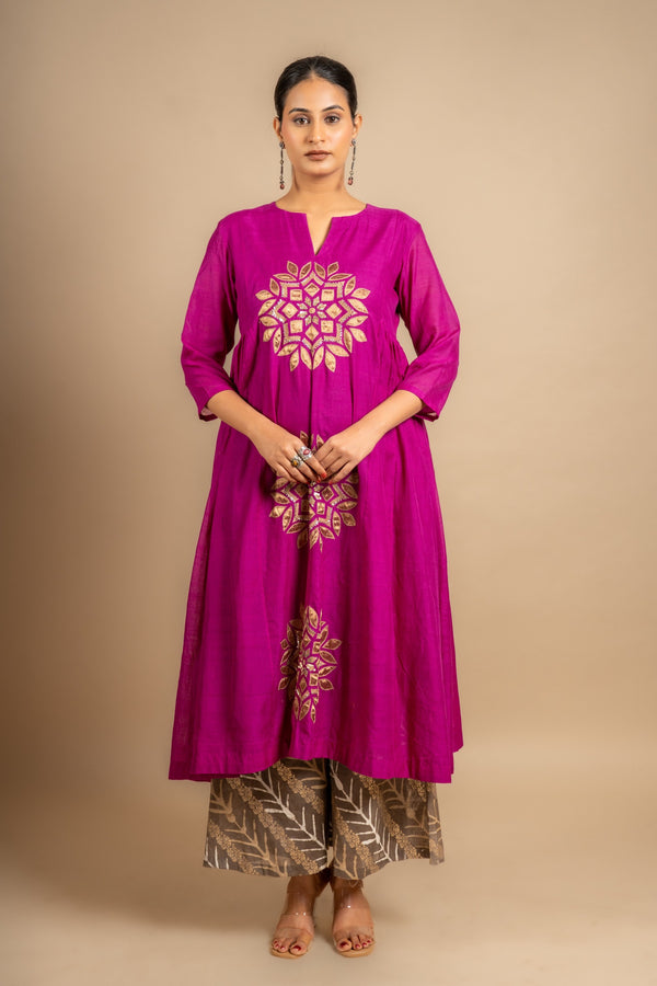 Purple handloom panel top with patch work with sequin work on centre panel with printed zari Chanderi pant