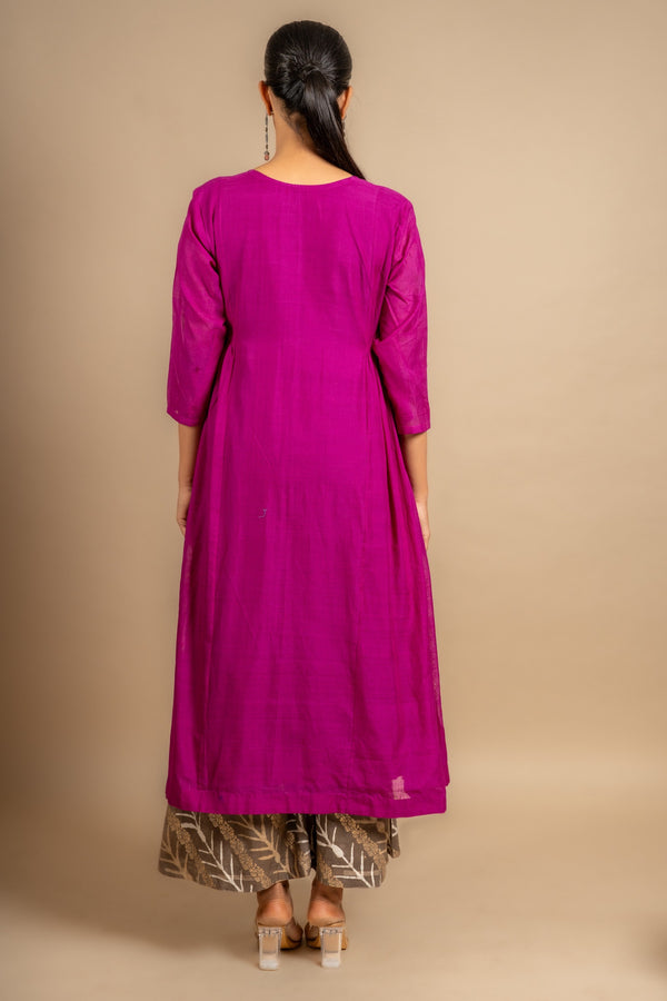 Purple handloom panel top with patch work with sequin work on centre panel with printed zari Chanderi pant