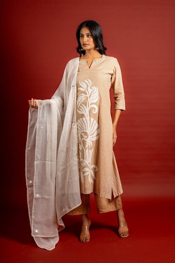 Handloom A-line top with patch work and mirror line on the neck with Kota dupatta with mirror work with cotton pant