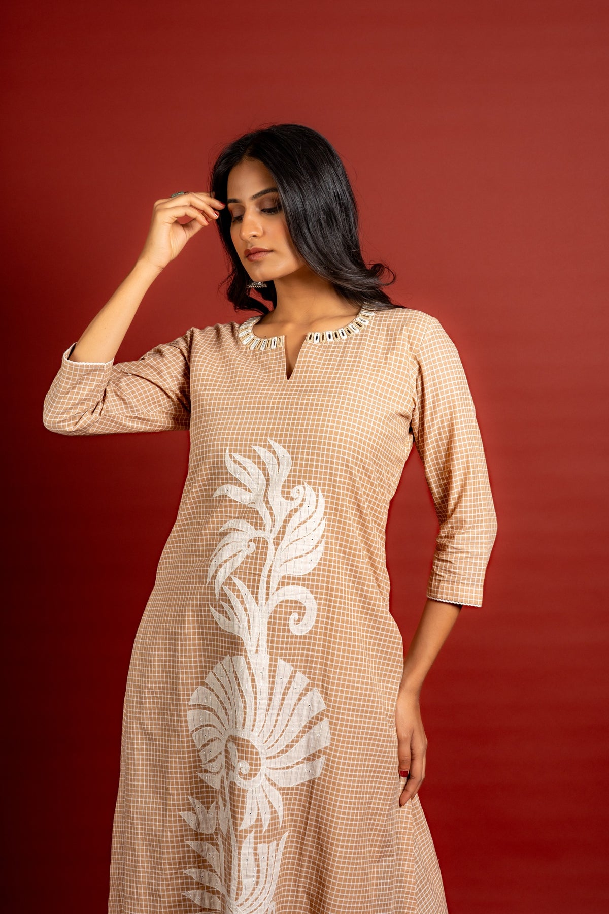 Handloom A-line top with patch work and mirror line on the neck with Kota dupatta with mirror work with cotton pant