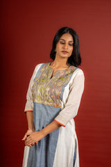 Grey and off white panel handloom top with Gota lace work on yoke in Daman zari pita work and grey Kota dupatta with work and cotton pant