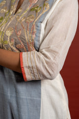Grey and off white panel handloom top with Gota lace work on yoke in Daman zari pita work and grey Kota dupatta with work and cotton pant