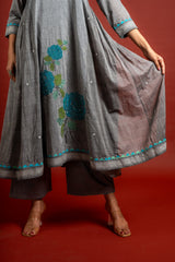 Grey panel with Kali handloom top with patch work and highlighted with sequin and beads, tie and dye Kota dupatta and cotton pant