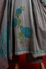 Grey panel with Kali handloom top with patch work and highlighted with sequin and beads, tie and dye Kota dupatta and cotton pant