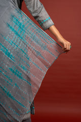 Grey panel with Kali handloom top with patch work and highlighted with sequin and beads, tie and dye Kota dupatta and cotton pant