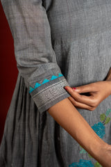 Grey panel with Kali handloom top with patch work and highlighted with sequin and beads, tie and dye Kota dupatta and cotton pant