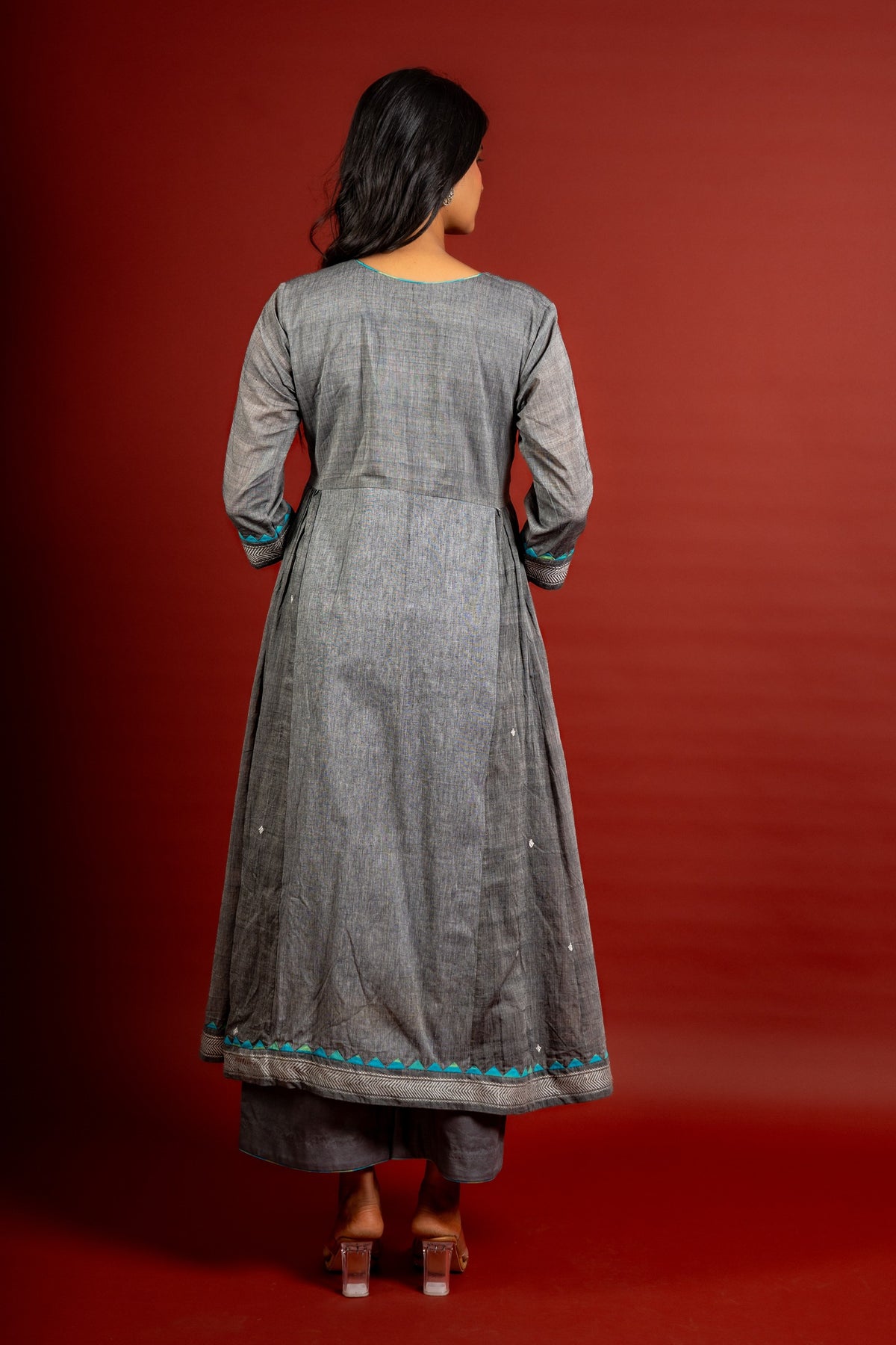 Grey panel with Kali handloom top with patch work and highlighted with sequin and beads, tie and dye Kota dupatta and cotton pant
